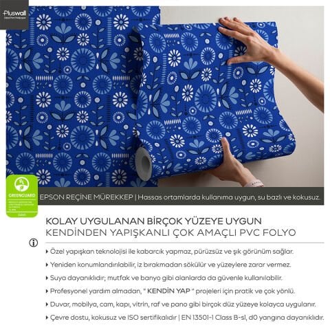 Mavi İskandinav Çiçek Desenli Kendinden Yapışkanlı Duvar Kağıdı