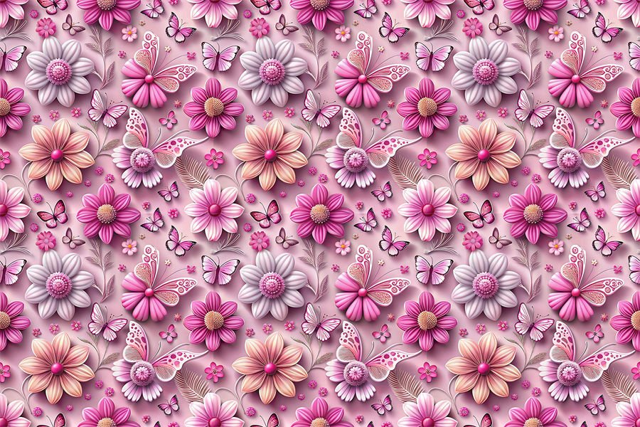 3D Görünümlü Pembe Çiçek ve Kelebek Desenli Duvar Kağıdı