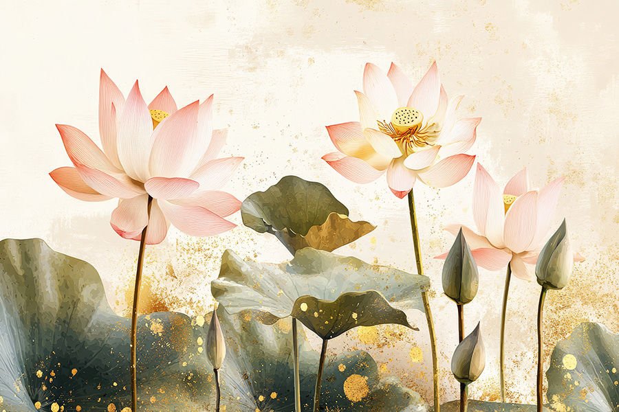 Lotus Çiçekleri Desenli Doğal ve Zarif Duvar Kağıdı