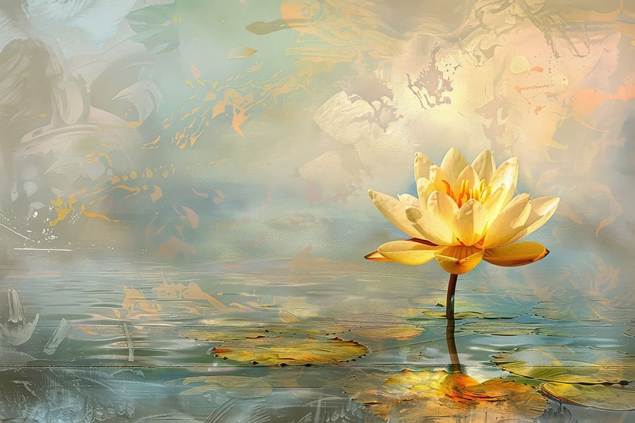 Sarı Lotus Çiçekli Sanatsal Doğa Dekorasyonu Duvar Kağıdı