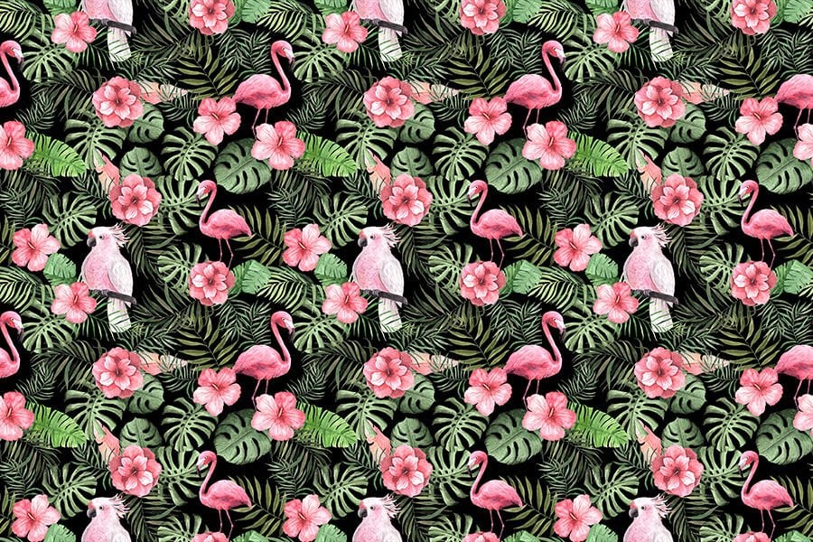 Tropikal Yapraklar Flamingo ve Papağan Desenli Duvar Kağıdı
