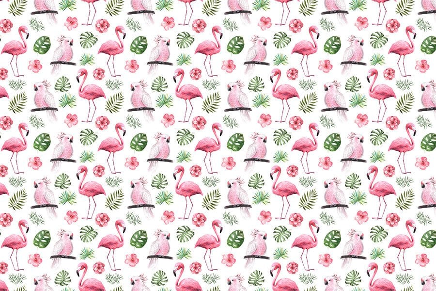Tropikal Yapraklar Flamingo ve Papağan Desenli Duvar Kağıdı