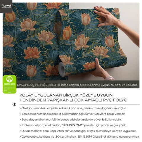 Lotus Çiçeği Duvar Kağıdı, Kendinden Yapışkanlı Çok Amaçlı Birçok Yüzeye Uygun PVC Folyo