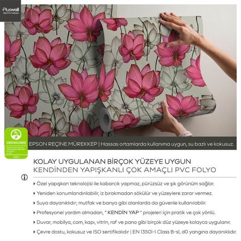 Lotus Çiçekleri Duvar Kağıdı, Kendinden Yapışkanlı Çok Amaçlı PVC Folyo, DIY Duvar Kağıdı