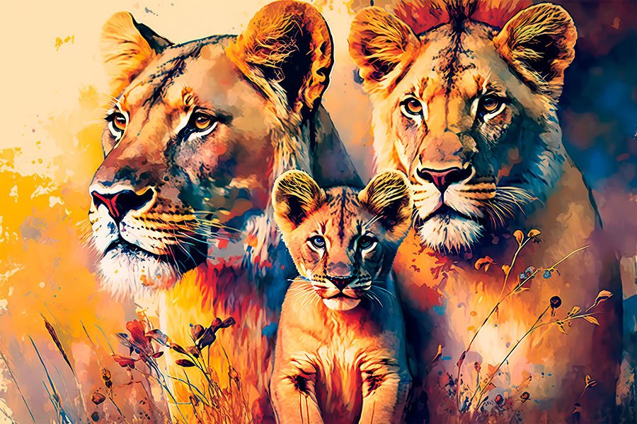 Aslan Ailesi Üç Aslan Dişi Erkek ve Yavru Duvar Kağıdı Kendinden Yapışkanlı (Vinil) 599,00₺/m2