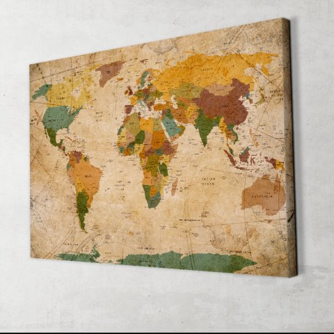 Güncel Siyasi Dünya Haritası Kanvas Tablo 100x150 Cm.