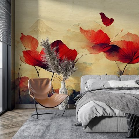 Minimalist Suluboya Efektli Soyut Duvar Kağıdı, Gelincik Duvar Kağıdı