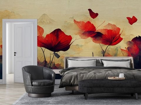 Minimalist Suluboya Efektli Soyut Duvar Kağıdı, Gelincik Duvar Kağıdı