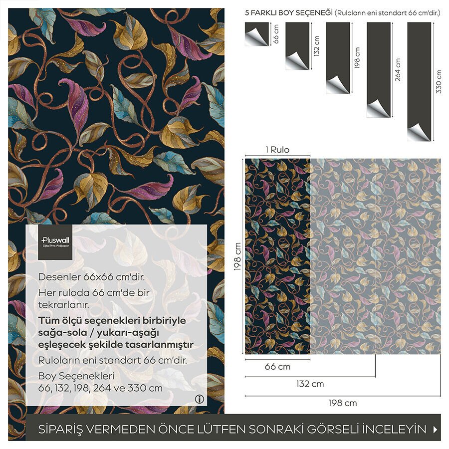 Koyu Yaprak Desenli Kendinden Yapışkanlı Duvar Kağıdı, Çok Amaçlı PVC Folyo