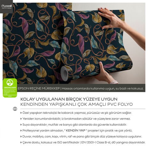 Koyu Yaprak Desenli Kendinden Yapışkanlı Duvar Kağıdı, Çok Amaçlı PVC Folyo