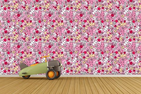 Pembe Zeminli Sevimli Figürler Çocuk Odası Duvar Kağıdı