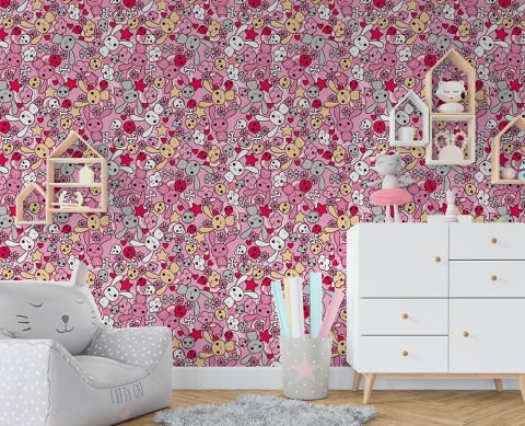 Pembe Zeminli Sevimli Figürler Çocuk Odası Duvar Kağıdı