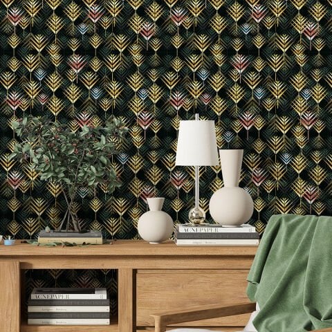 Art Deco Yaprak Desenli Kendinden Yapışkanlı Duvar Kağıdı, Çok Amaçlı PVC Folyo