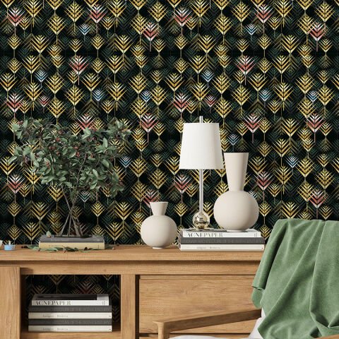 Art Deco Yaprak Desenli Kendinden Yapışkanlı Duvar Kağıdı, Çok Amaçlı PVC Folyo