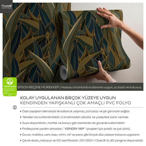 Koyu Yaprak Desenli Kendinden Yapışkanlı Duvar Kağıdı, Çok Amaçlı PVC Folyo