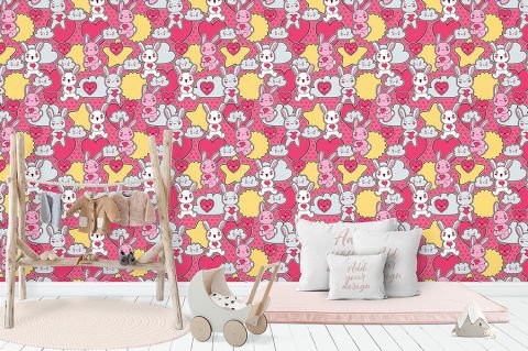 Pembe Zeminli Tavşanlar Çocuk Odası Duvar Kağıdı