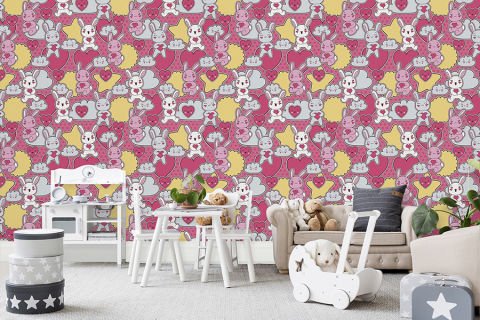 Pembe Zeminli Tavşanlar Çocuk Odası Duvar Kağıdı
