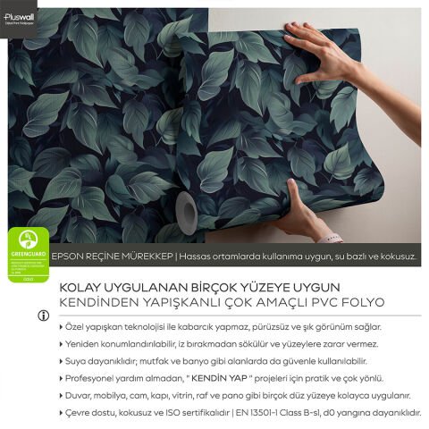 Koyu Yaprak Desenli Kendinden Yapışkanlı Duvar Kağıdı, Çok Amaçlı PVC Folyo