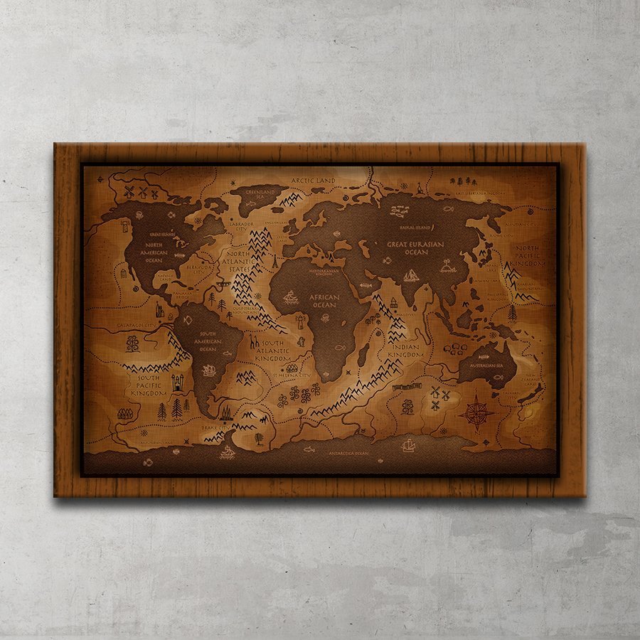 Ahşap Efektli Dünya Haritası Kanvas Tablo 40x60 Cm.