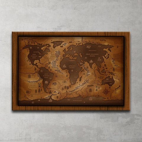 Ahşap Efektli Dünya Haritası Kanvas Tablo 40x60 Cm.