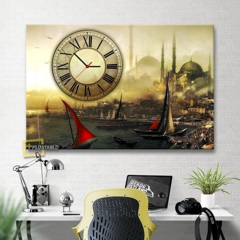 İstanbul Saatli Kanvas Tablo 40x60 Cm.