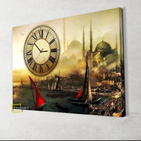 İstanbul Saatli Kanvas Tablo 40x60 Cm.