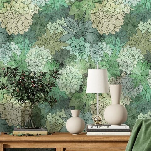 Suluboya Efektli Sukulentler Kendinden Yapışkanlı Duvar Kağıdı, Çok Amaçlı PVC Folyo