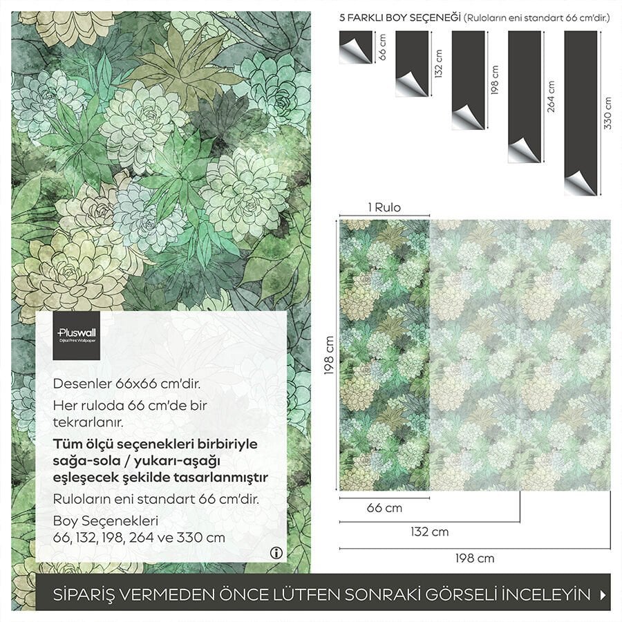 Suluboya Efektli Sukulentler Kendinden Yapışkanlı Duvar Kağıdı, Çok Amaçlı PVC Folyo