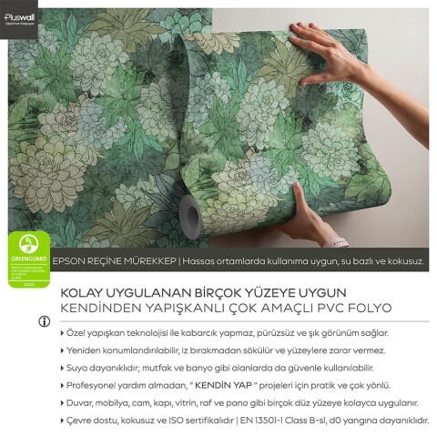 Suluboya Efektli Sukulentler Kendinden Yapışkanlı Duvar Kağıdı, Çok Amaçlı PVC Folyo