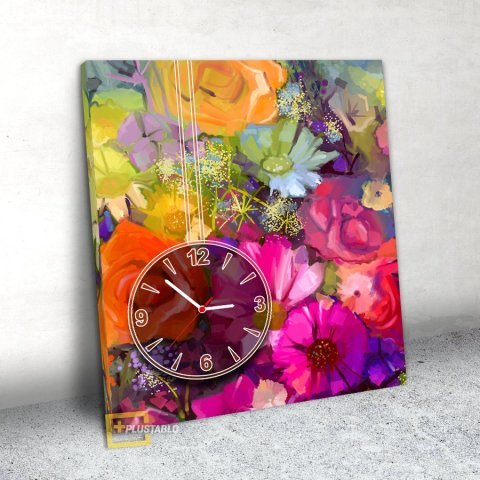 Çiçekli Saatli Kanvas Tablo 40x50 Cm.