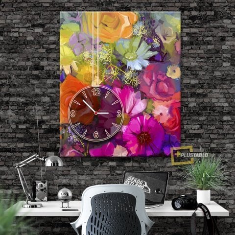 Çiçekli Saatli Kanvas Tablo 40x50 Cm.
