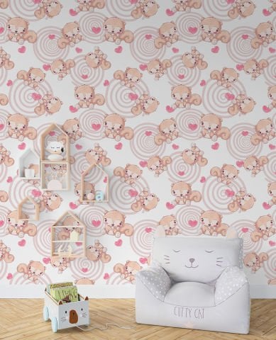 Sincap ve Pembe Kalpli Çocuk Odası Duvar Kağıdı
