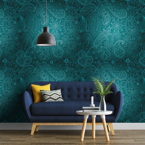 Turkuaz Lale Temalı Osmanlı Sanatı Duvar Kağıdı | En:315xBoy:210 cm.