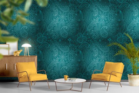 Turkuaz Lale Temalı Osmanlı Sanatı Duvar Kağıdı | En:315xBoy:210 cm.