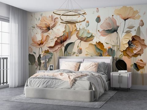 Soyut Çiçekler Pastel Boya Duvar Kağıdı | Non-Woven | En:210xBoy:140 cm.