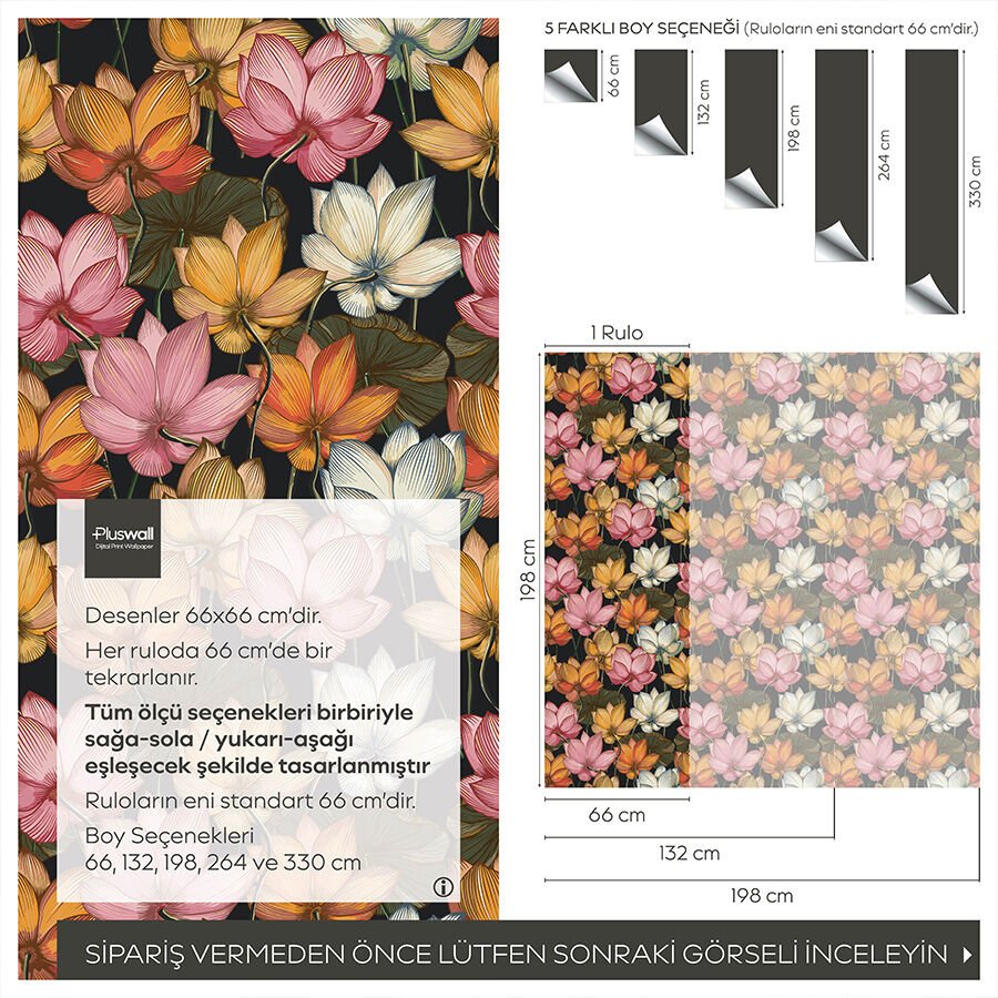 Lotus Çiçekleri Duvar Kağıdı, Kendinden Yapışkanlı Çok Amaçlı PVC Folyo, DIY Duvar Kağıdı