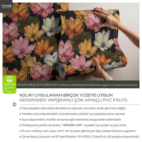 Lotus Çiçekleri Duvar Kağıdı, Kendinden Yapışkanlı Çok Amaçlı PVC Folyo, DIY Duvar Kağıdı