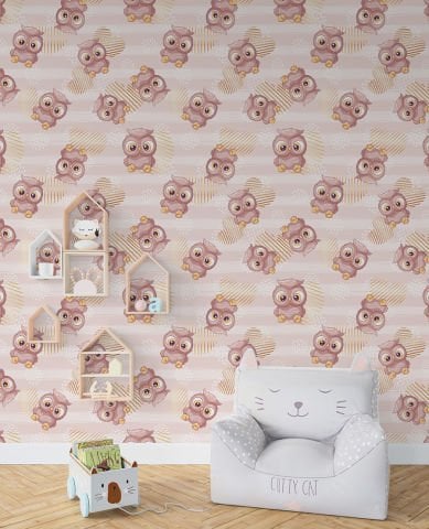 Sevimli Baykuş Desenli Çocuk Odası Duvar Kağıdı