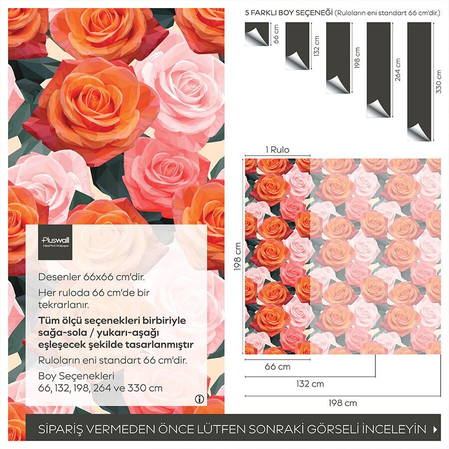 Pembe Güller Duvar Kağıdı, Kendinden Yapışkanlı Çok Amaçlı PVC Folyo, DIY Duvar Kağıdı