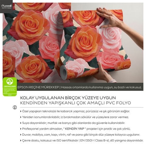 Pembe Güller Duvar Kağıdı, Kendinden Yapışkanlı Çok Amaçlı PVC Folyo, DIY Duvar Kağıdı