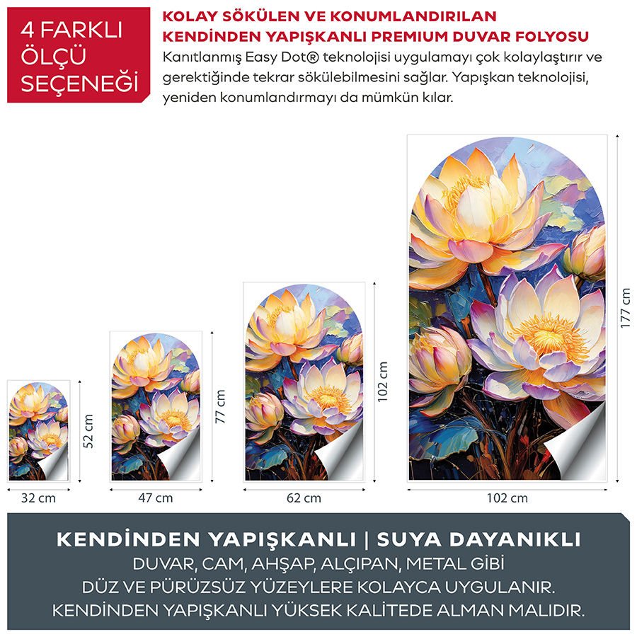 Kendinden Yapışkanlı Oval Kesim Nilüfer Çiçekleri Duvar Kağıdı Stickeri 45x75cm