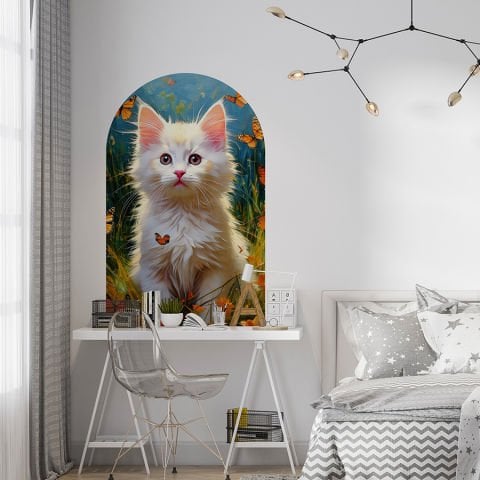 Kendinden Yapışkanlı Oval Kesim Sevimli Kedi Duvar Kağıdı Stickeri