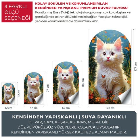 Kendinden Yapışkanlı Oval Kesim Sevimli Kedi Duvar Kağıdı Stickeri 60x100cm