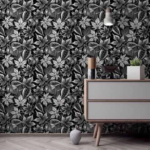 Siyah Beyaz Botanik Desenli Kendinden Yapışkanlı Duvar Kağıdı, Çok Amaçlı PVC Folyo