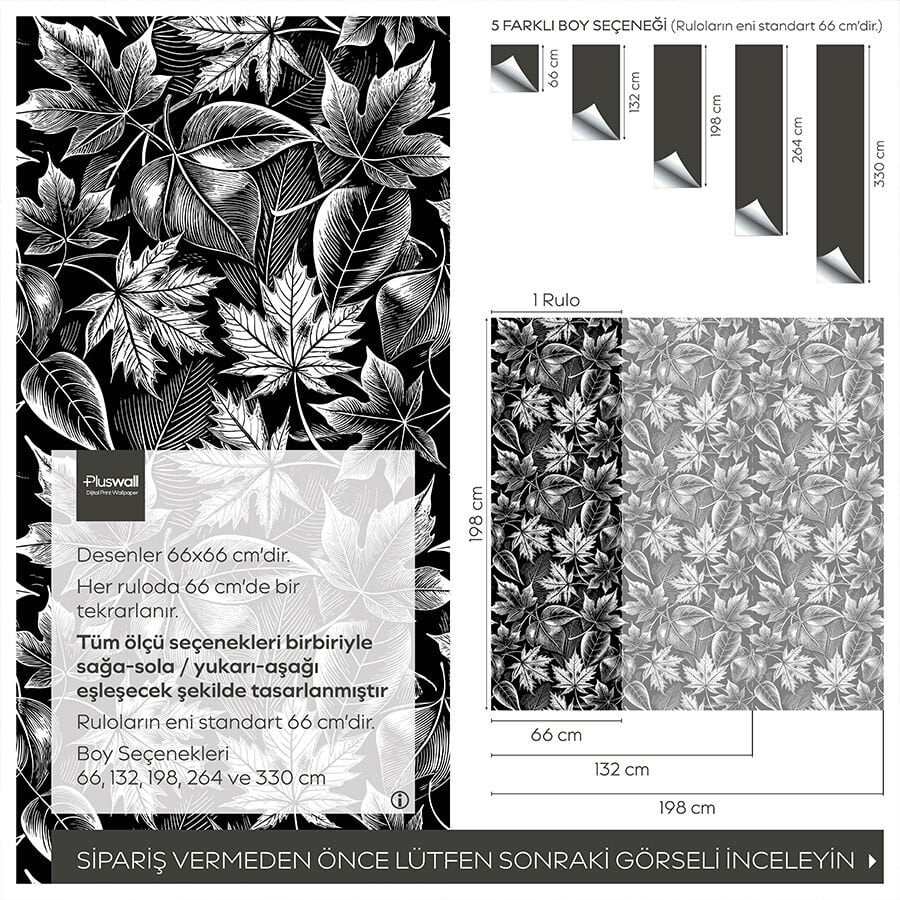 Siyah Beyaz Botanik Desenli Kendinden Yapışkanlı Duvar Kağıdı, Çok Amaçlı PVC Folyo