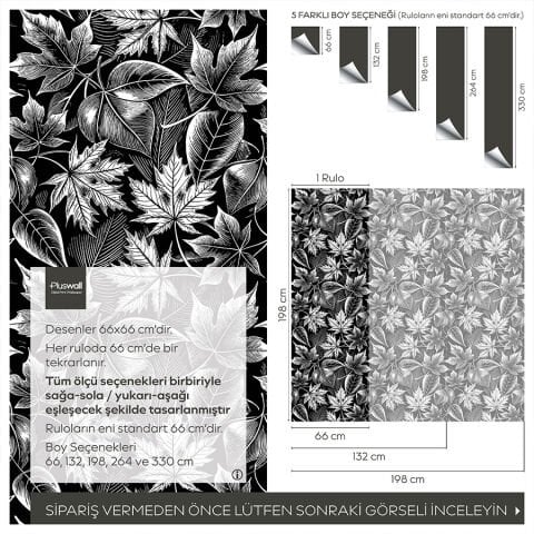 Siyah Beyaz Botanik Desenli Kendinden Yapışkanlı Duvar Kağıdı, Çok Amaçlı PVC Folyo