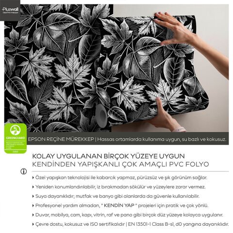 Siyah Beyaz Botanik Desenli Kendinden Yapışkanlı Duvar Kağıdı, Çok Amaçlı PVC Folyo