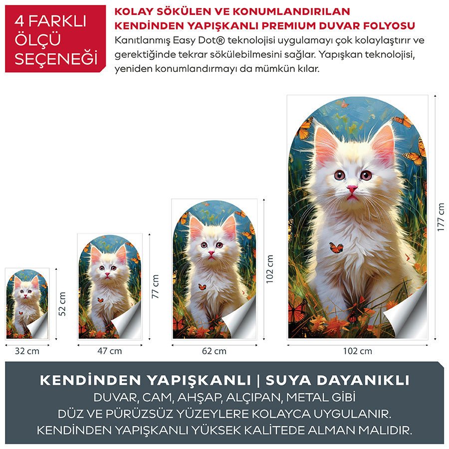 Kendinden Yapışkanlı Oval Kesim Sevimli Kedi Duvar Kağıdı Stickeri 45x75cm