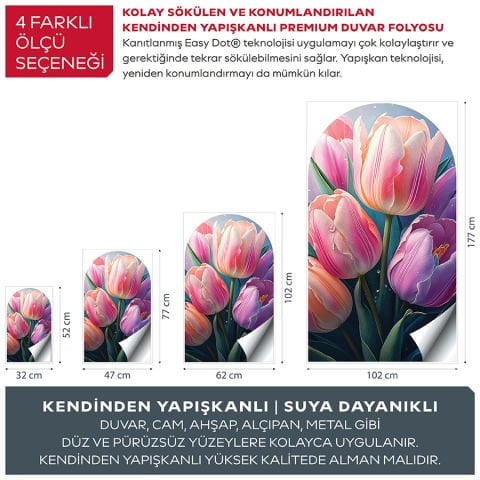 Kendinden Yapışkanlı Oval Kesim Zarif Laleler Duvar Kağıdı Stickeri