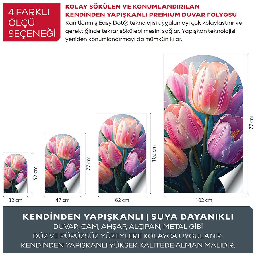 Kendinden Yapışkanlı Oval Kesim Zarif Laleler Duvar Kağıdı Stickeri 30x50cm